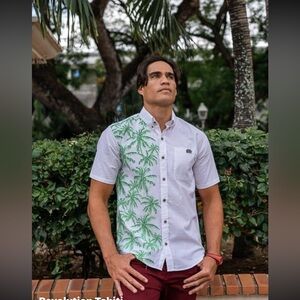 ARII CREATION REVOLUTION TAHITI TROPICAL COTTON BUTTON DOWN SHIRT LIGHTWEIGHT L